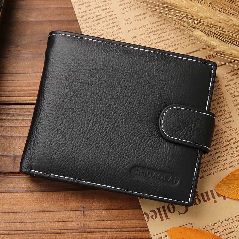 Men's short genuine leather vintage zipper buckle wallet in brown and black solid colour first layer cowhide
