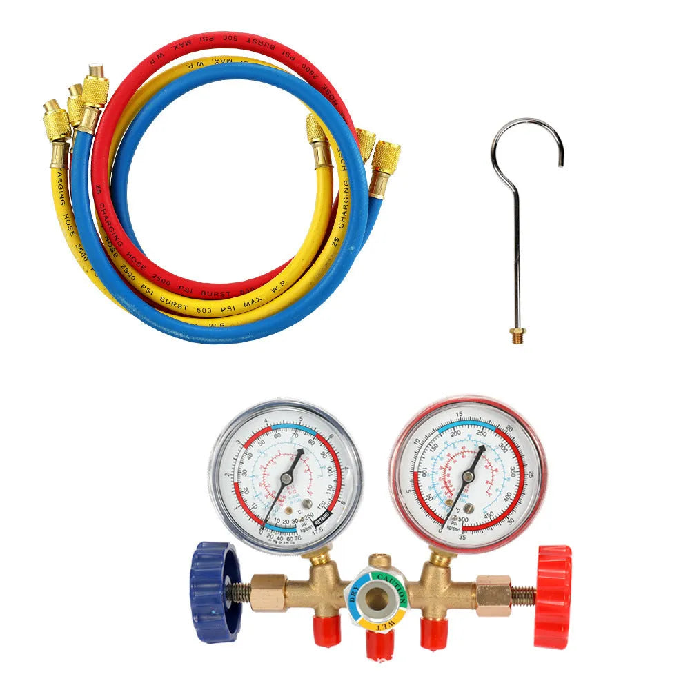 Refrigerant instrument cluster with brass manifold, hook, and red blue yellow 80cm hoses for A/C servicing