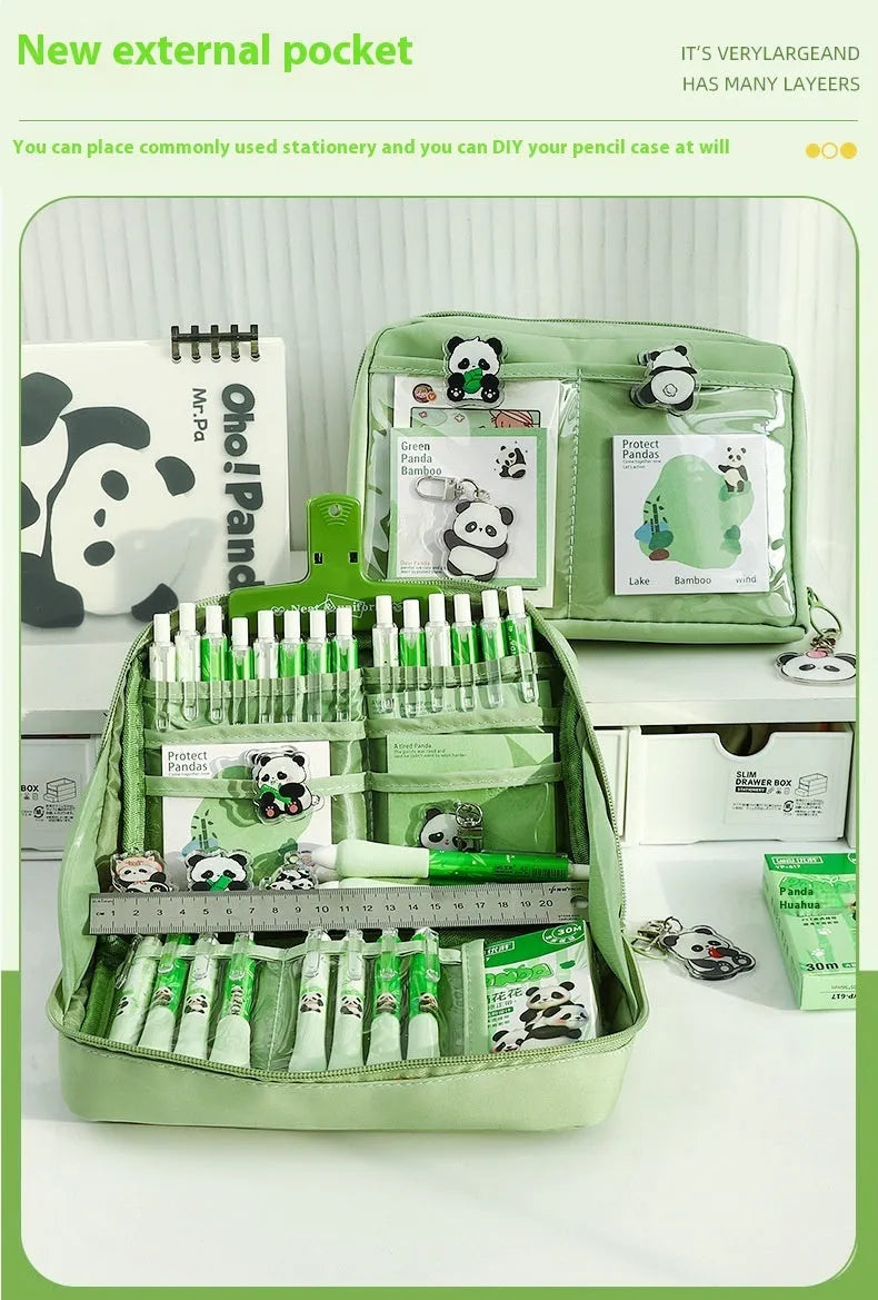 Green panda-themed pencil case with twelve compartments for stationery organisation