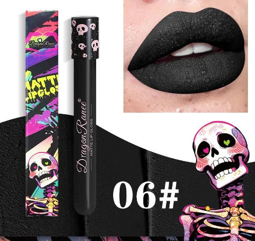 Halloween matte lip gloss in a test tube skull container showing gold and silver shades