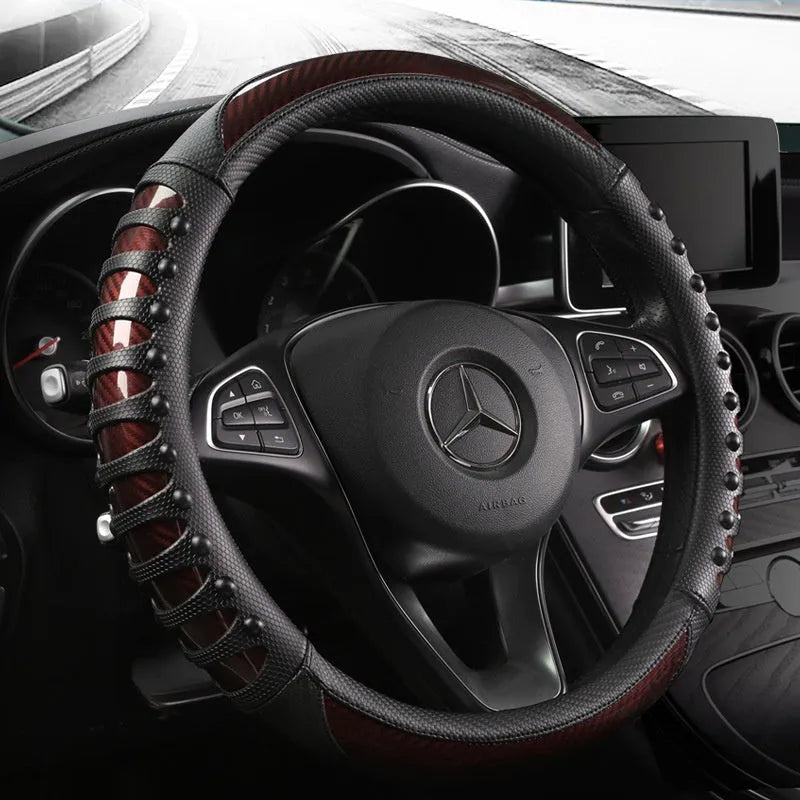 Leather silicone car steering wheel cover in business style with round fit