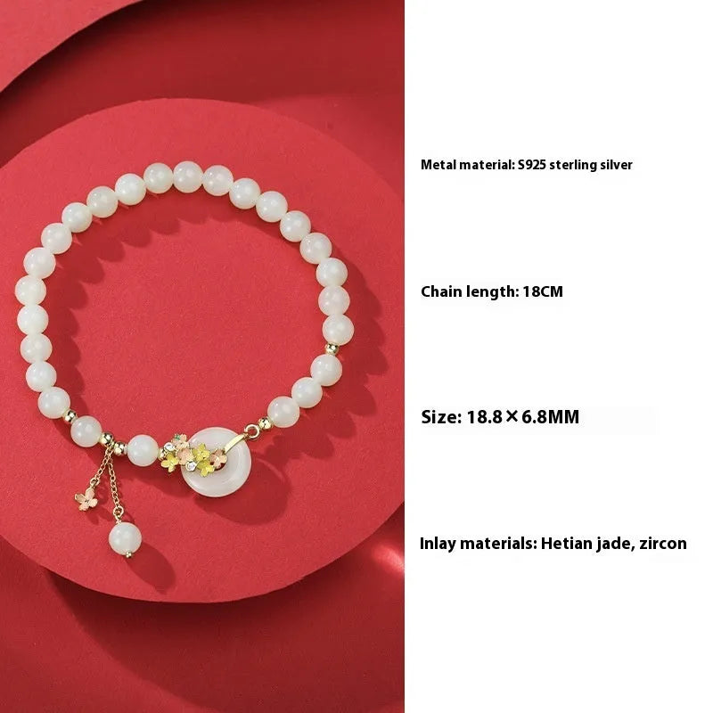 Osmanthus style bracelet with 6mm natural Hetian jade bead and S925 sterling silver buckle