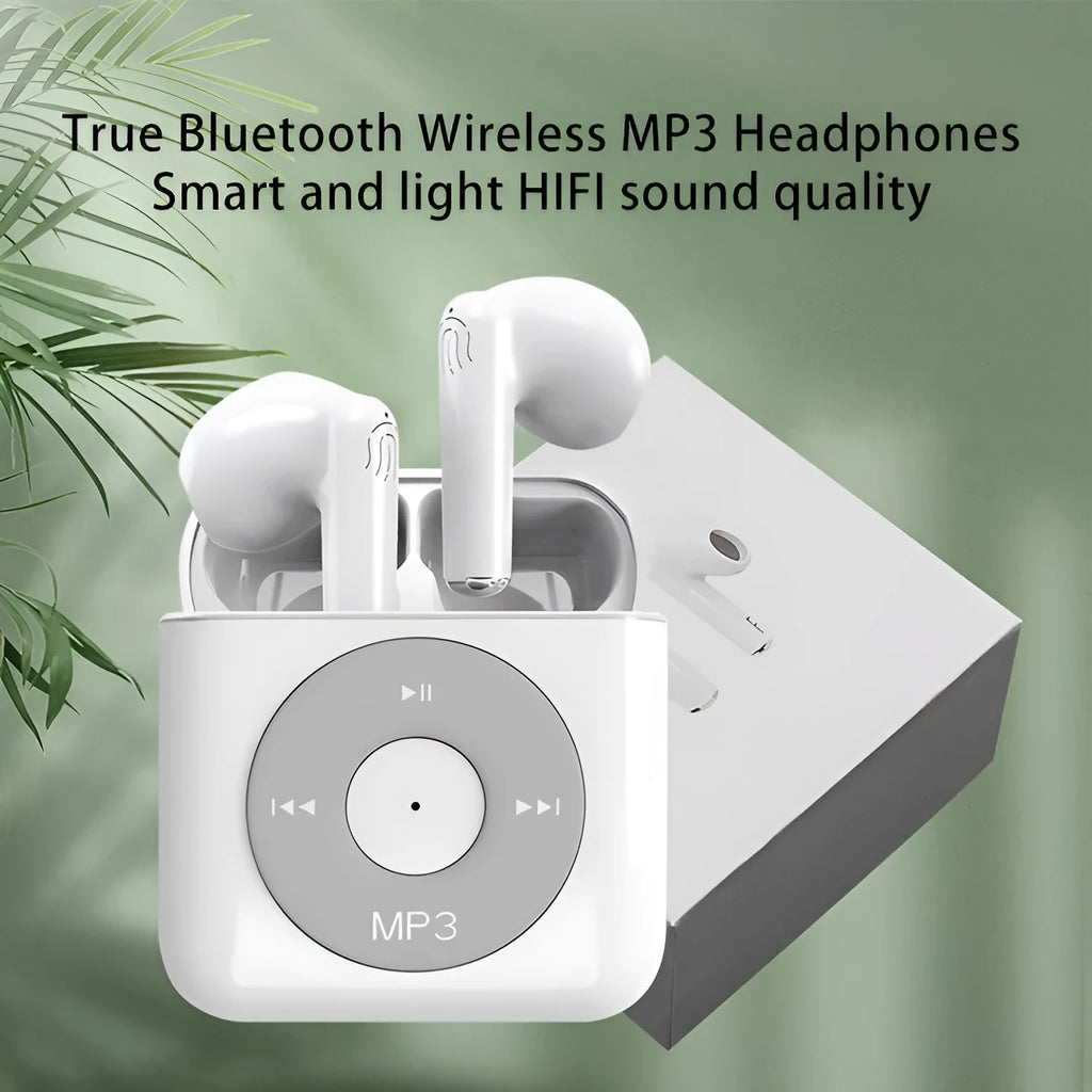 White wireless Bluetooth earphones with semi-in-ear design and a matching white charging case with 32GB storage.