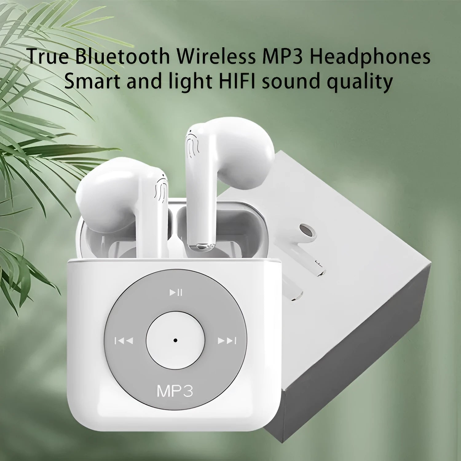 White wireless Bluetooth earphones with semi-in-ear design and a matching white charging case with 32GB storage.