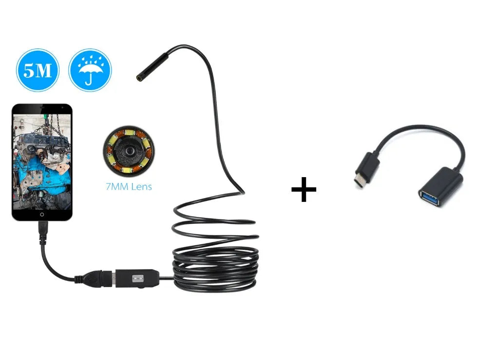 OWSOO 7mm USB endoscope camera with 5m cable, hook, magnet, and side audition tools
