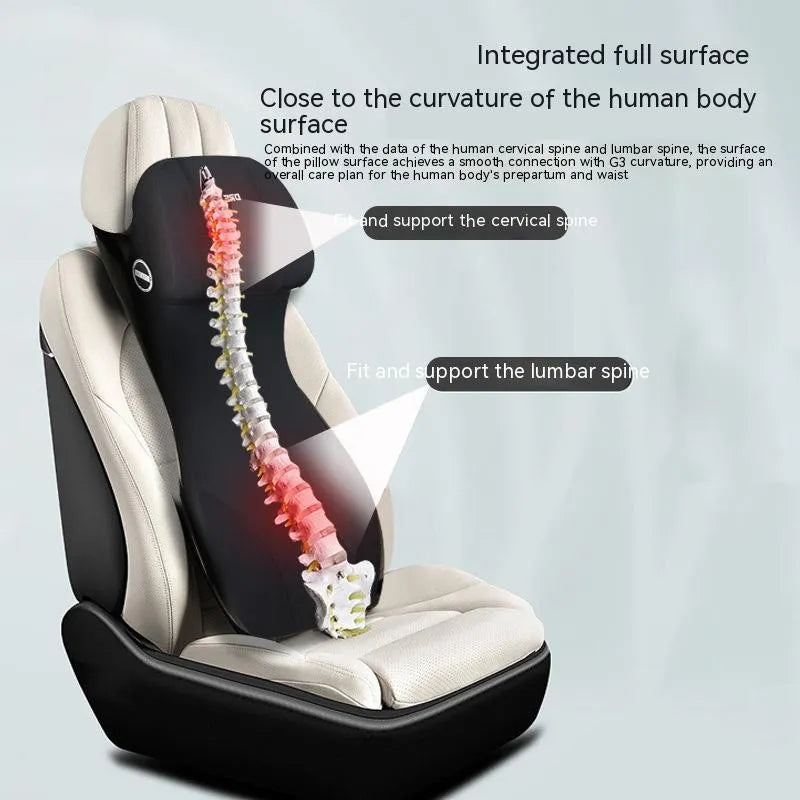 Black automotive memory foam waist cushion and headrest pillow set on a car seat.