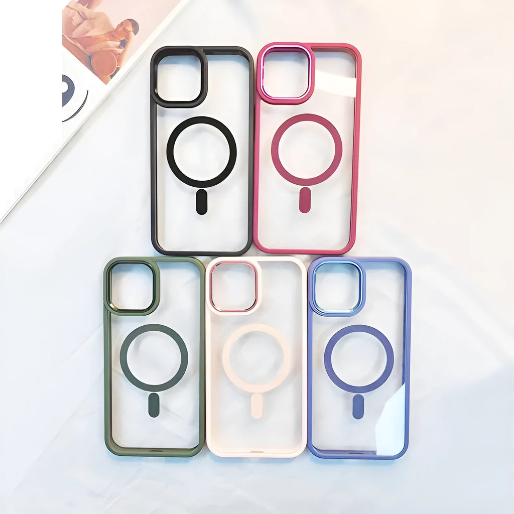 Magnetic transparent silicone phone case for iPhone on a table, showing colour options and MagSafe ring.