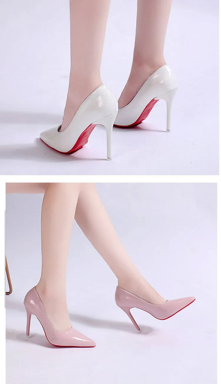 Solid colour women's pointed toe pumps with a stiletto heel on a rubber sole.