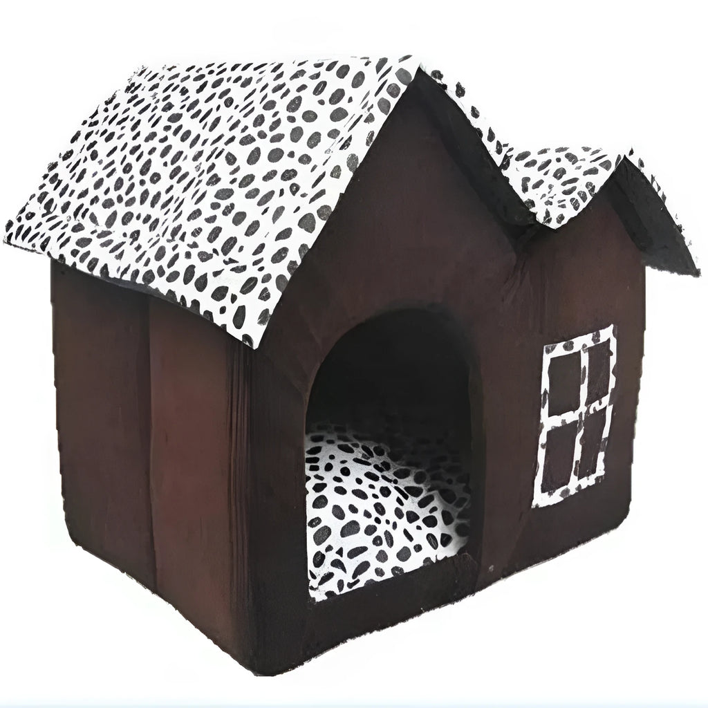 Coffee foldable winter pet kennel dog house with double roof, open size 55cm by 40cm by 42cm
