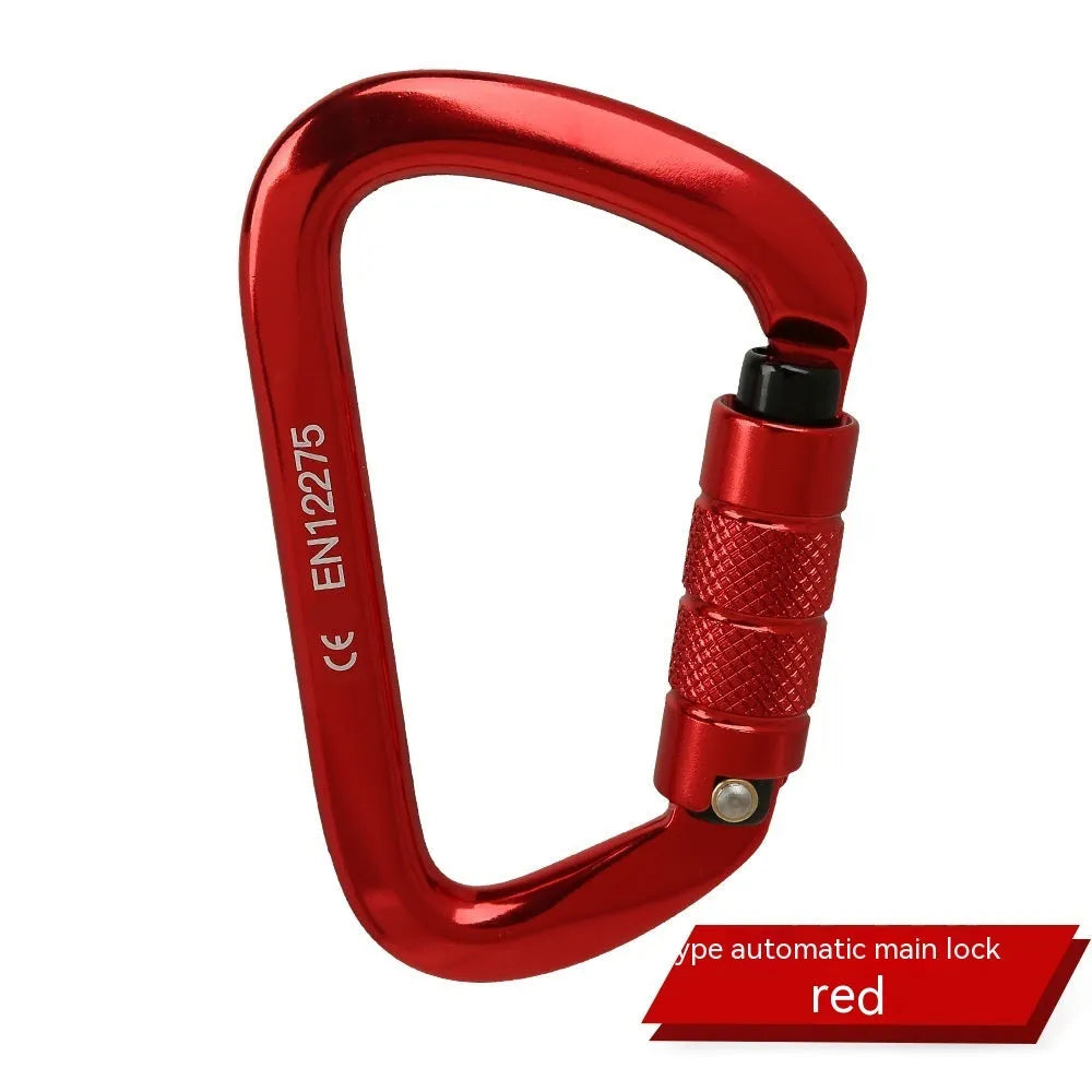 D-shaped rock climbing carabiner with automatic gate shown in orange, alongside a threaded gate version in black.