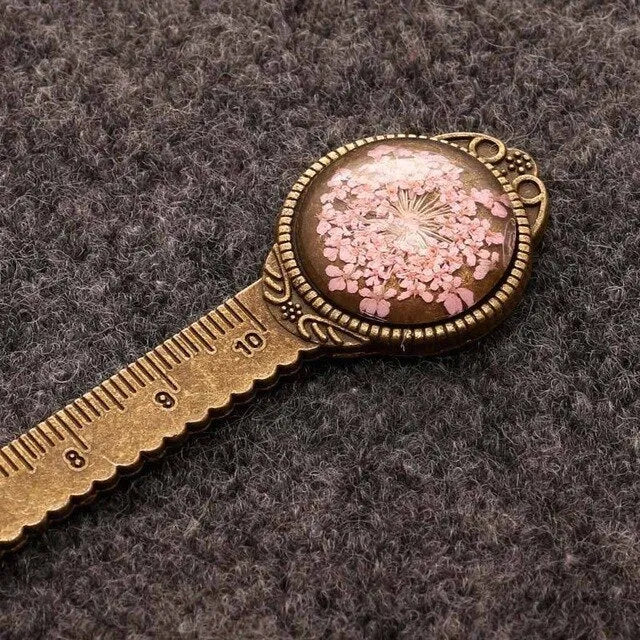 Handmade dry flower gypsophila ruler bookmark with lace flowers, daffodils and clover on 12 cm scale