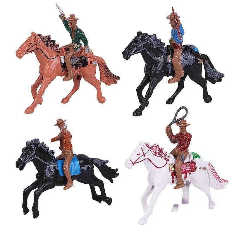 Western cowboy pulling a carriage sand play set with 19 burgundy pieces including Native Americans, cowboys, and fence
