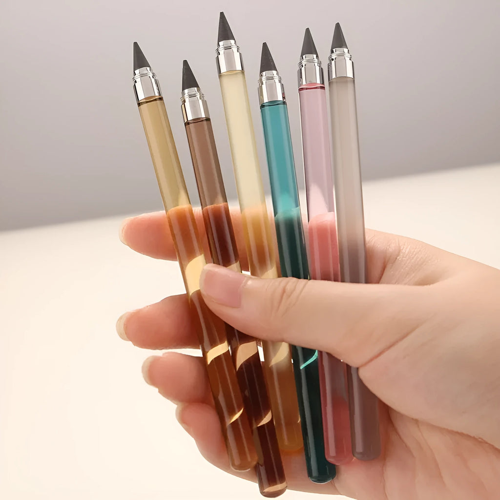 Acrylic transparent eternal pencil with alloy tip showing colour refill options