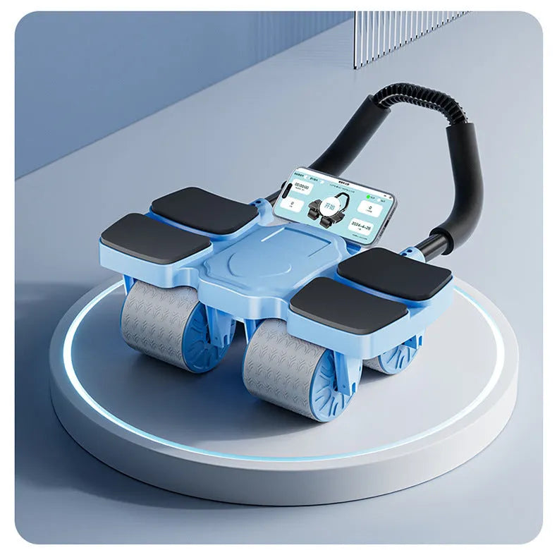 Black and blue four-wheel automatic rebound abdominal roller on a wooden floor