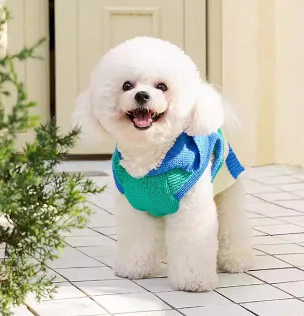 Blue striped hooded knitted pet sweater for dogs and cats autumn winter wear