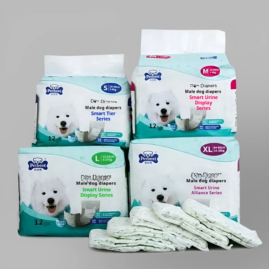 Petbest reusable white cloth male dog diaper on display showing size options S M L XL