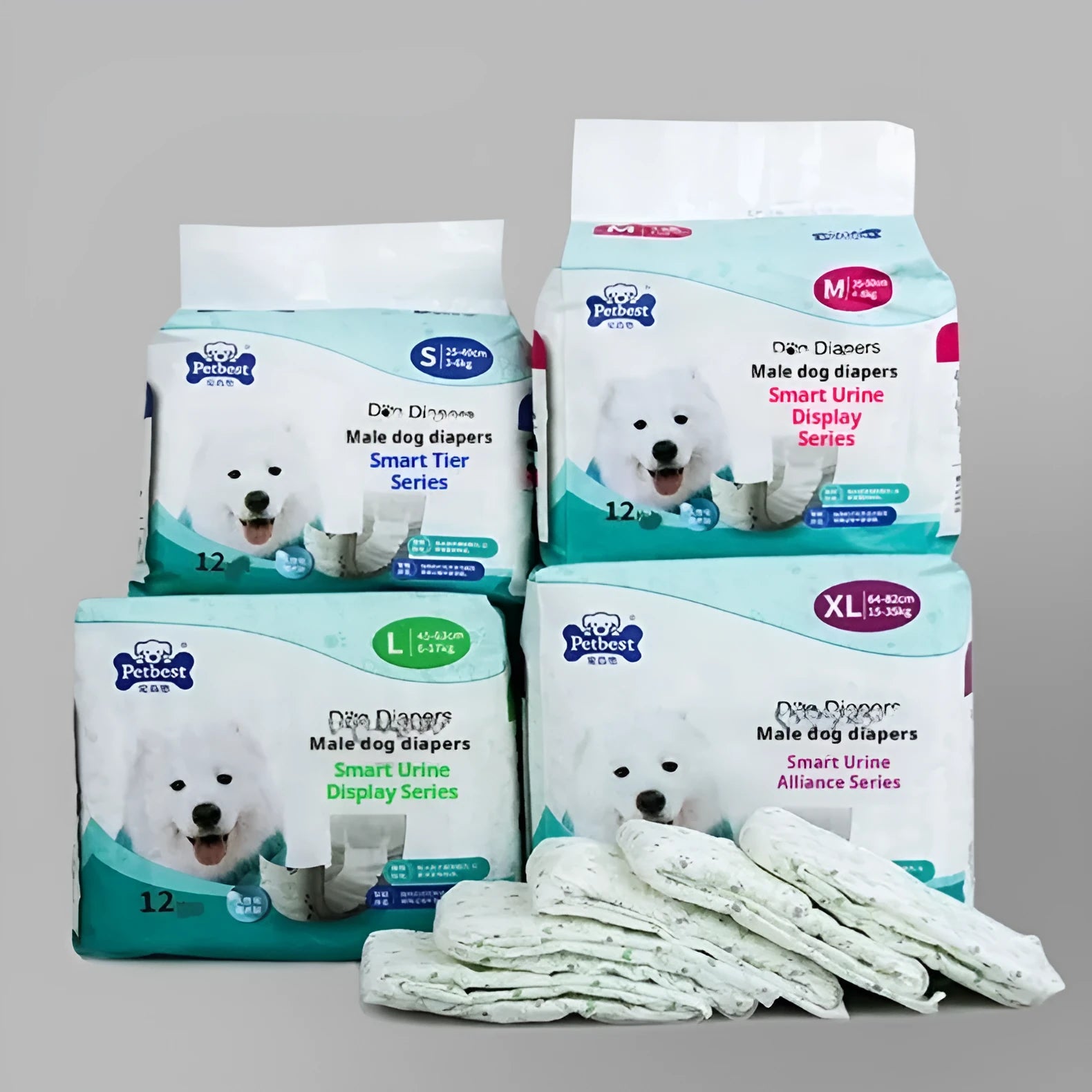 Petbest reusable white cloth male dog diaper on display showing size options S M L XL