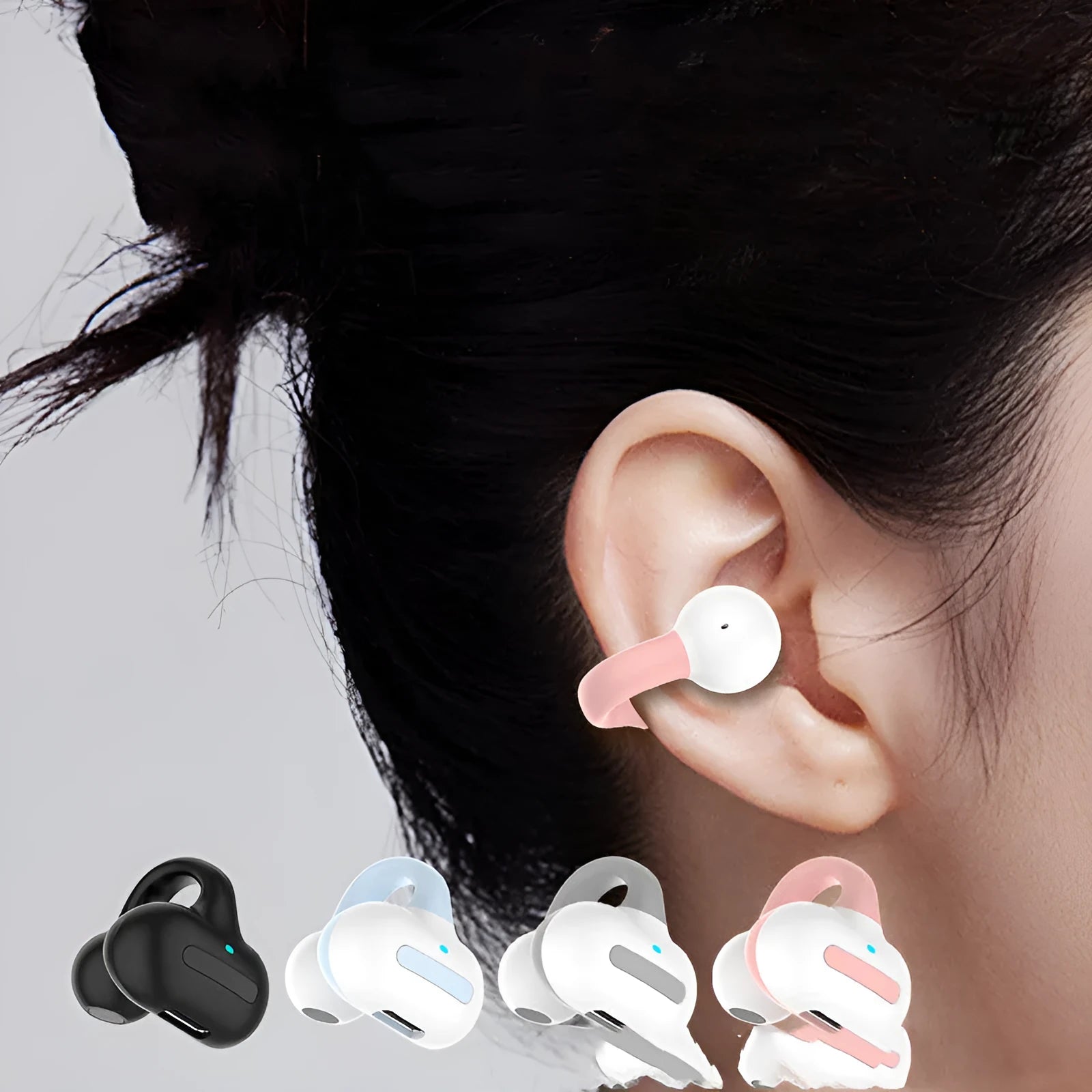 Clip-type Bluetooth earphones with silicone ear hooks in four colour options