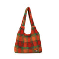 Women's plaid plush crossbody tote bag in Army Green showing horizontal square shape and shoulder strap