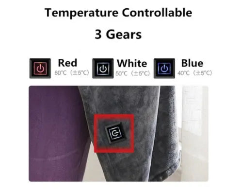 Dark grey USB heated plush blanket showing the single-button controller and USB cable.