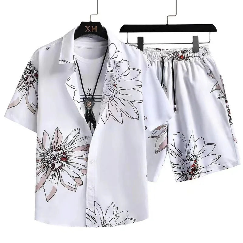Men's short sleeve cardigan and matching shorts suit in a digital printed pattern.