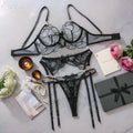 Ladies fashion embroidered lingerie bra set in black and wine red polyester, including matching underwear