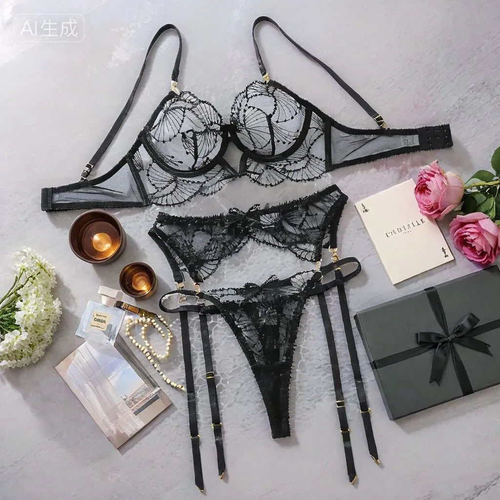 Ladies fashion embroidered lingerie bra set in black and wine red polyester, including matching underwear