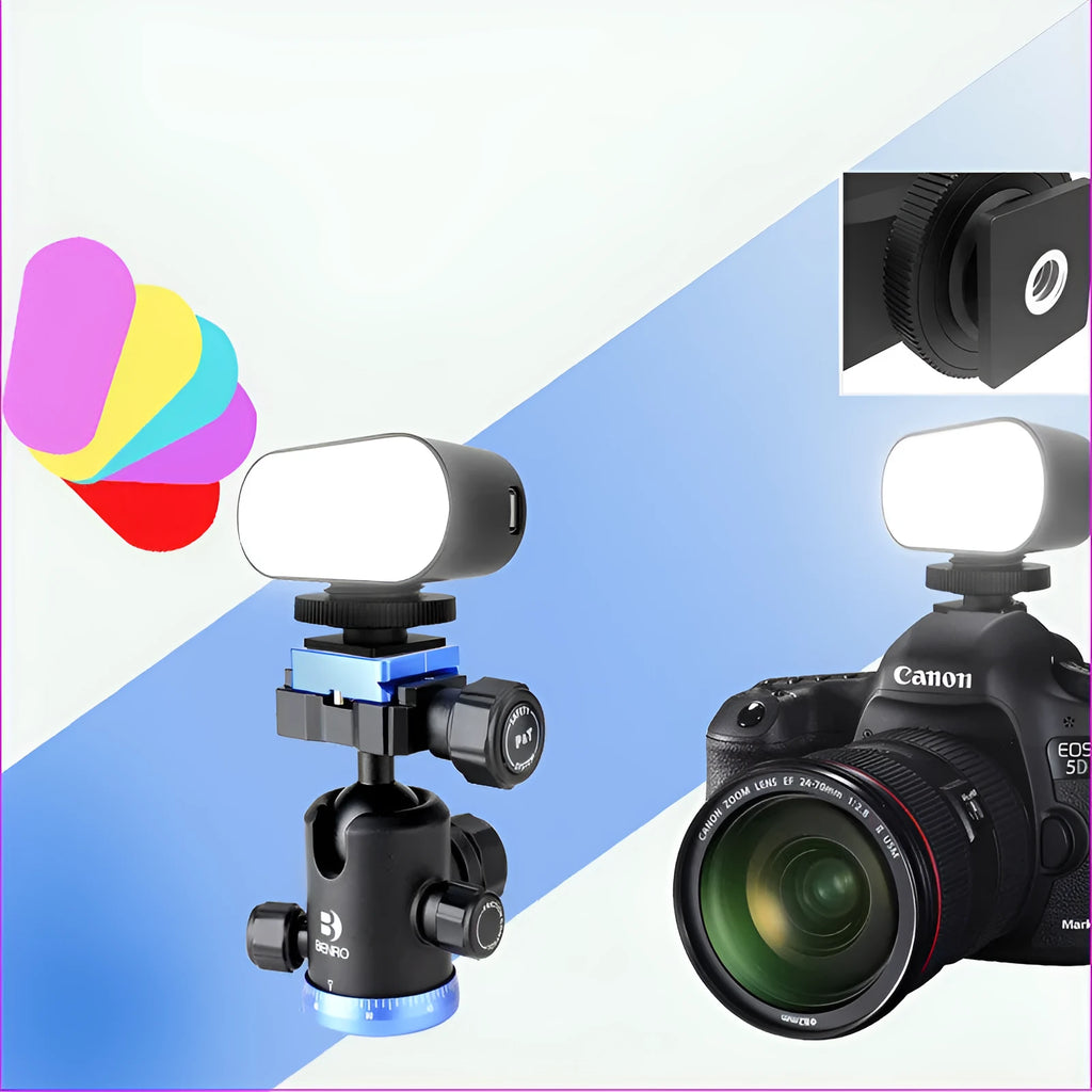 Black ST-30 mobile phone fill light with digital display and cold shoe mount for photography.