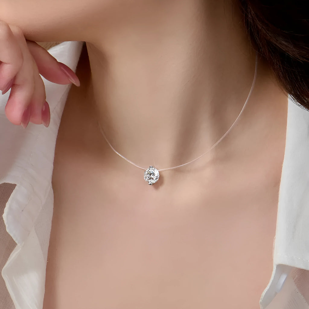 Women's moissanite necklace with invisible fishing line chain and S925 silver pendant in gift box