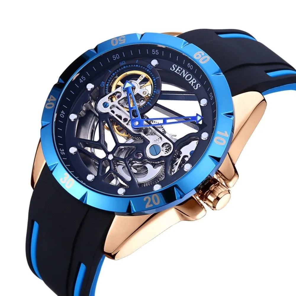 Men's automatic skeleton watch showing mechanical movement through dial, 16mm thickness case, rose gold tone with blue accents