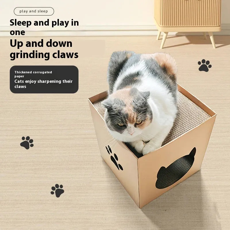 Cubic corrugated paper cat scratch board in Pet Milk Carton colour, 30cm on each side.