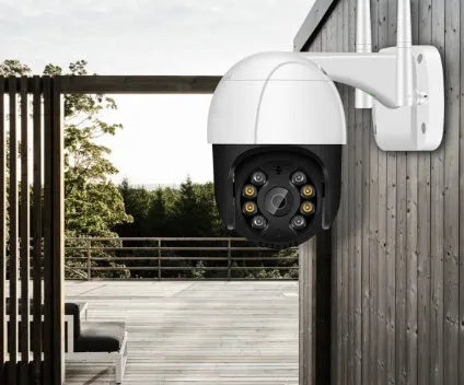 Wireless white PTZ surveillance camera ball machine with dual antennas on ceiling mount
