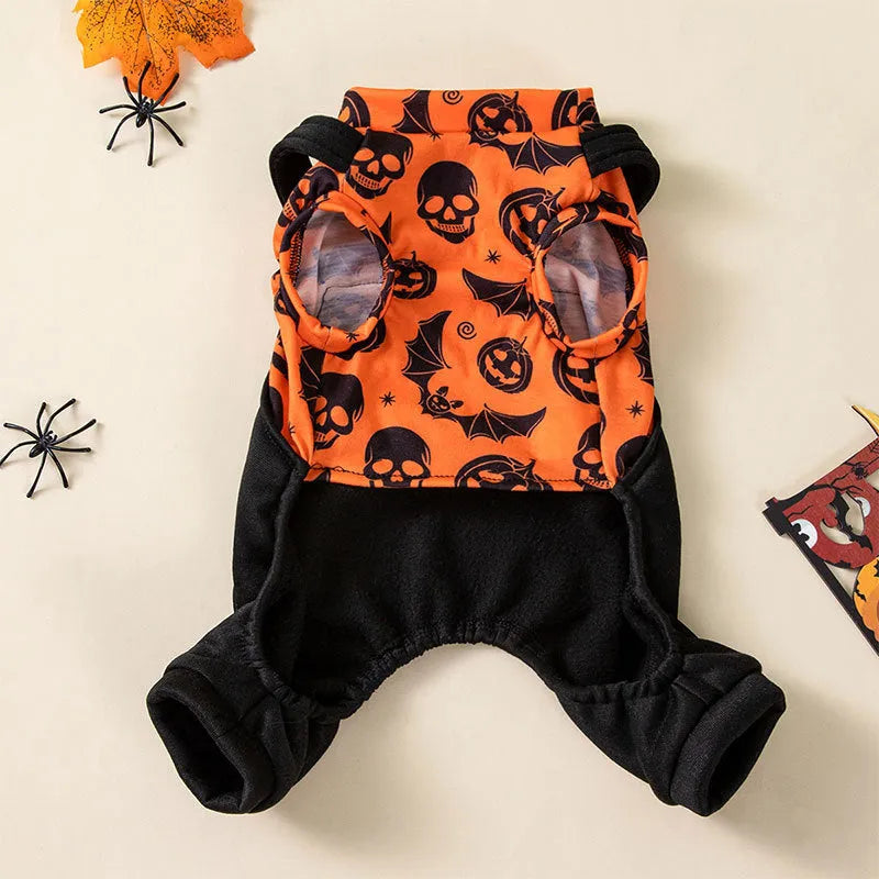 Halloween party creative printing pet dog costume in polyester, shown in two colour options and five sizes XS to XL