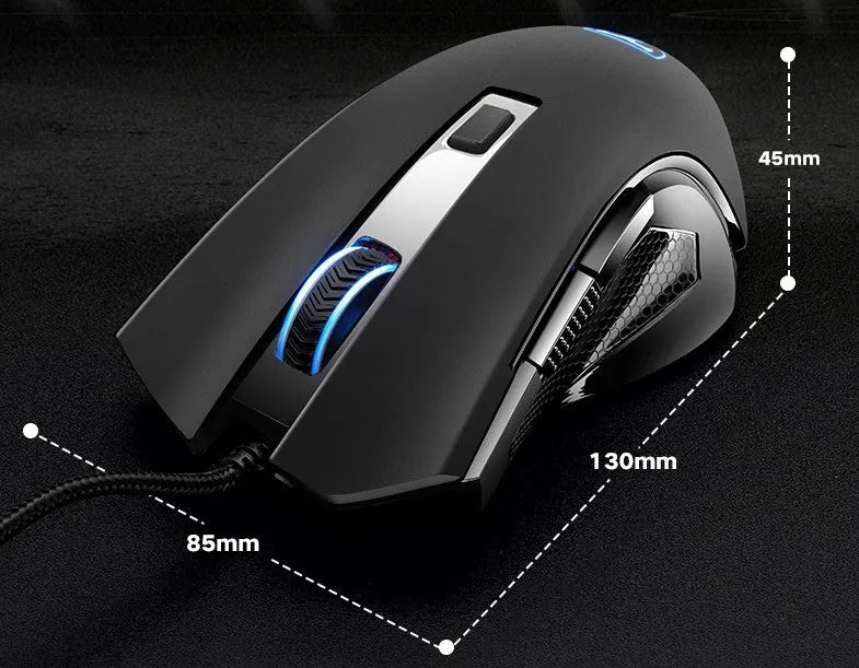 Black wired gaming mouse with six buttons, 130x85x45mm, USB cable, on desk