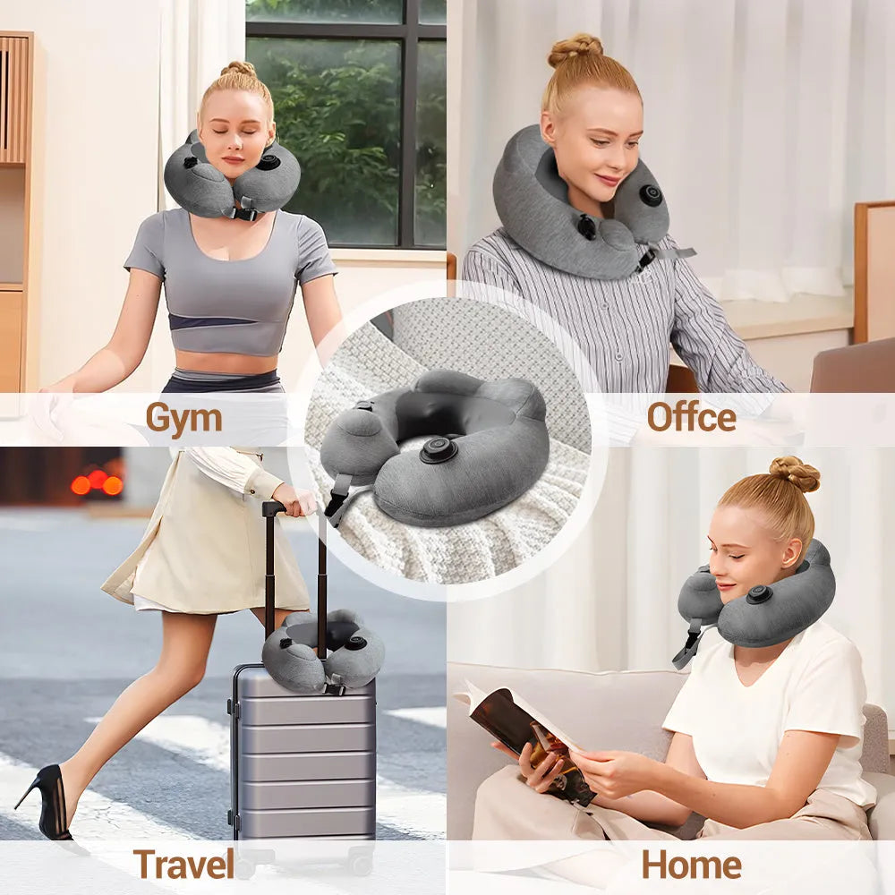 Gray inflatable U shape neck massager pillow with kneading 3 modes, deflated on a table with carry bag and USB cable