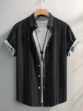 Men's striped short sleeve shirt with stand collar in loose fit cardigan style for summer wear