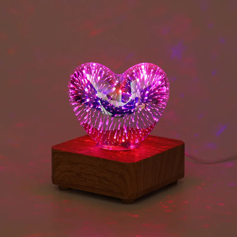 3D love glass small night lamp silver with USB cable on bedside table