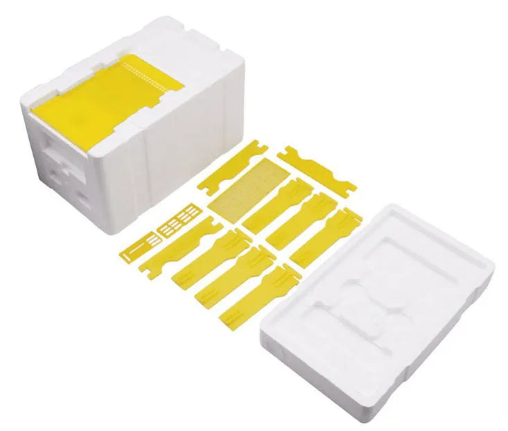 Three white EPS foam mini delivery boxes for bee hive mating and breeding tool set.