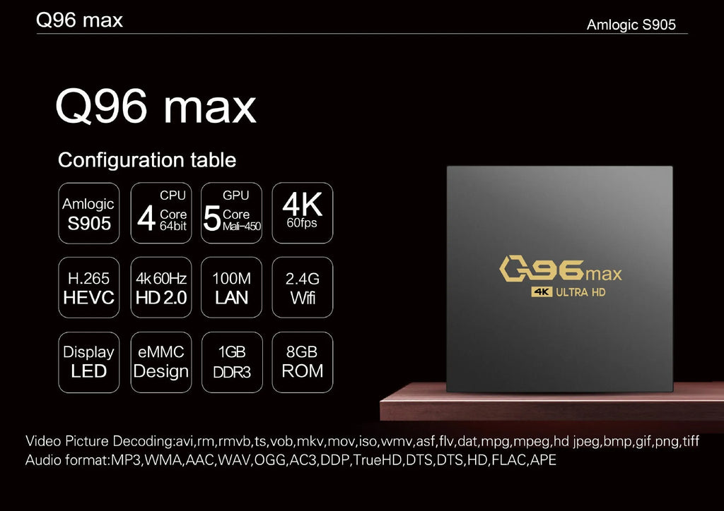 Q96 MAX S905 Android 4K TV Box set-top box with remote control and accessories