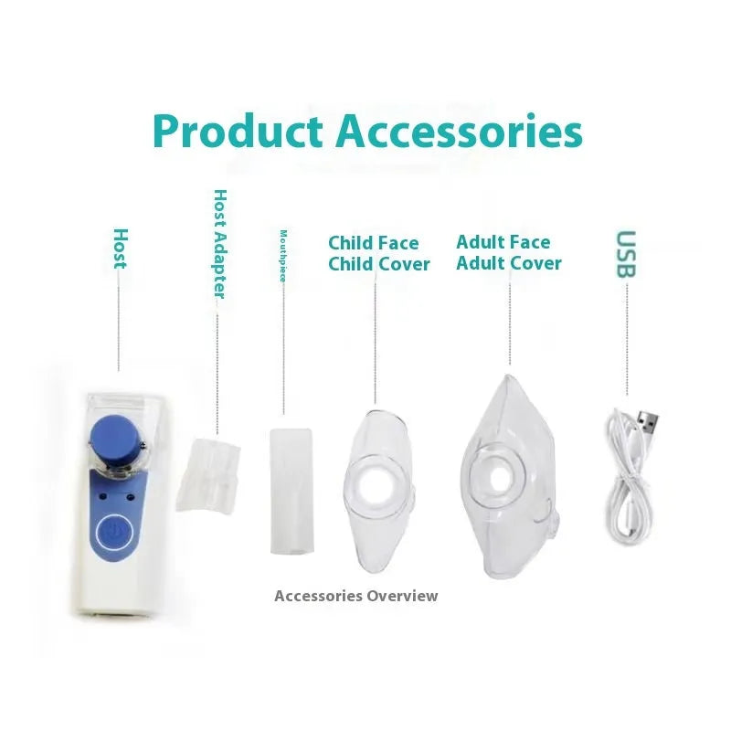 Handheld column-shaped USB nebuliser spray machine with water tank for household and children's use.