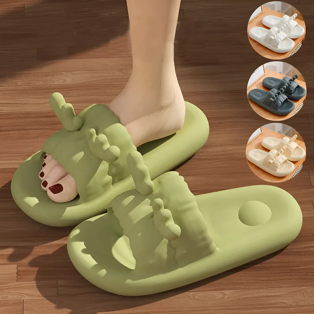 Women's hollow-out flip-flop slippers in light yellow with a textured non-slip EVA sole.