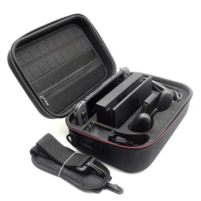 Black EVA hard shell game console accessory storage bag shown in two size options.