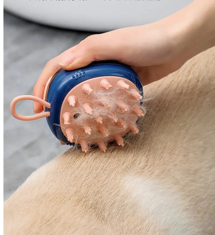 Blue pet grooming brush with integrated shampoo dispenser and silicone bristles for dogs and cats