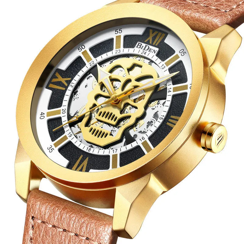 Men's hollow quartz watch with black strap showing calendar function