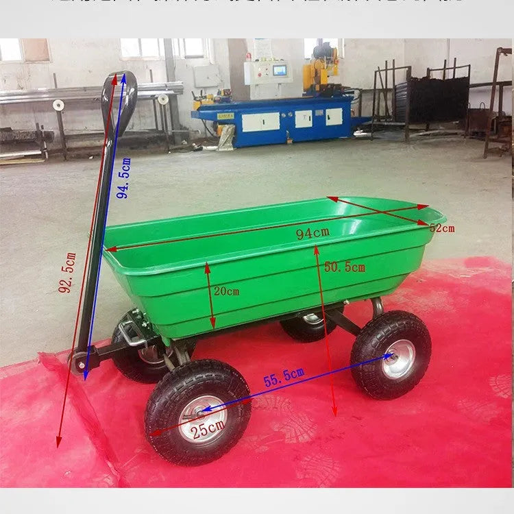 Green four-wheel plastic dump truck with a steel PP body and a tipping load bed.
