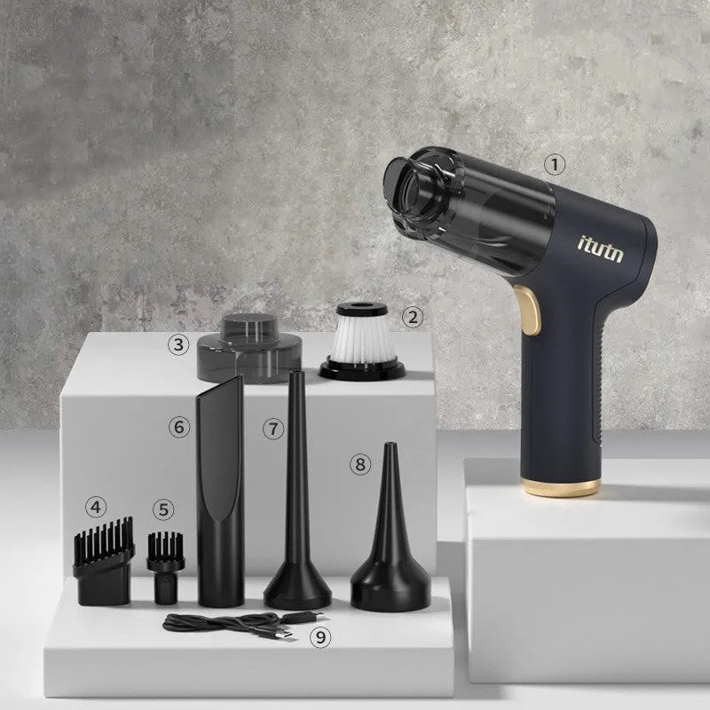 Black wireless car vacuum cleaner with multiple nozzle attachments and inflation function