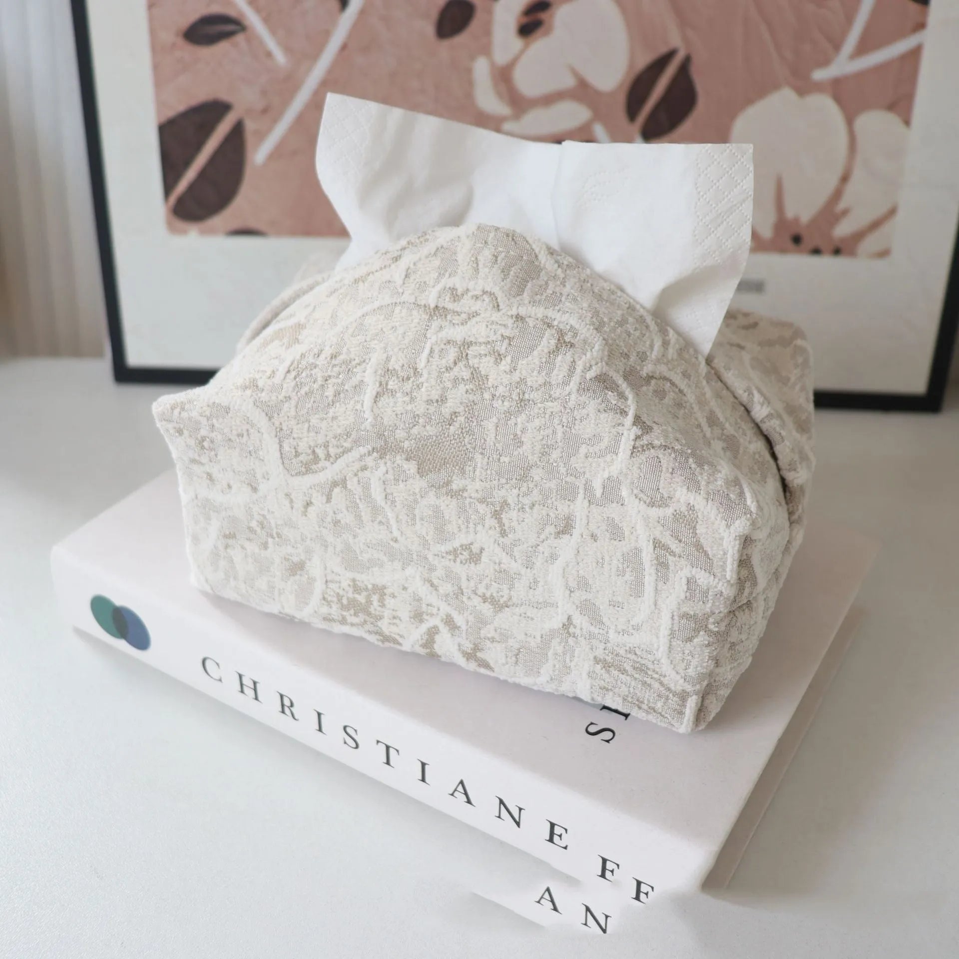 Chinese style floral pattern cotton tissue box cover in beige, blue, and brown colours.