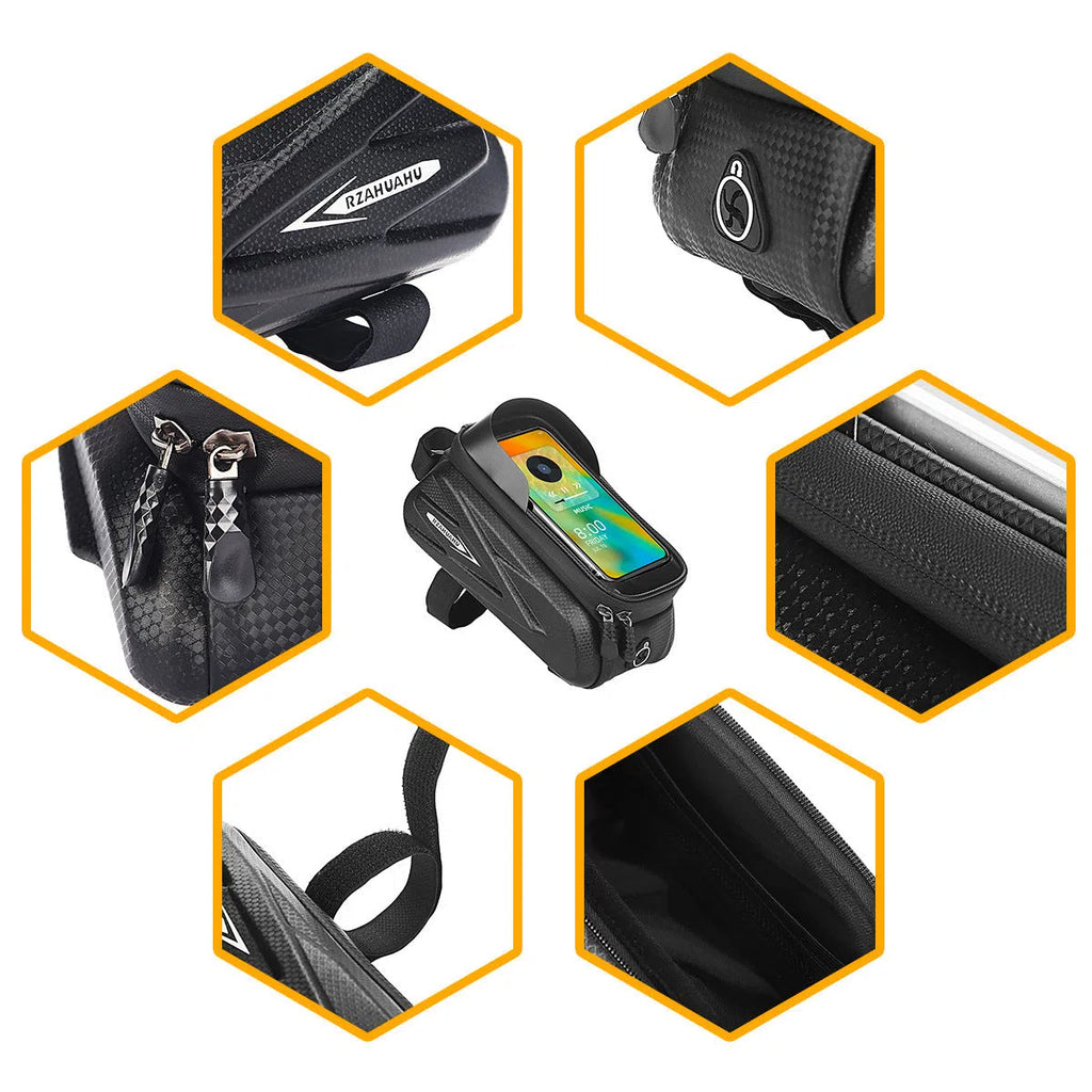 Black EVA PU leather bicycle top tube phone storage bag 1.5L with zipped closure on a bike frame