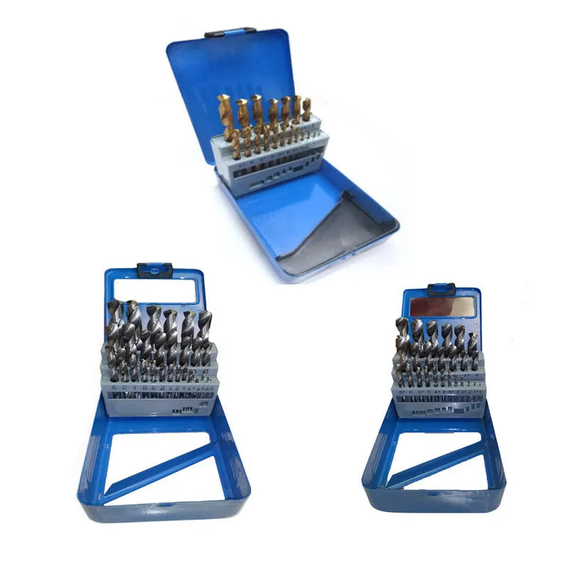 19 25-piece set of high-speed steel twist drill bits with round shank and 118-degree point for wood and metal drilling