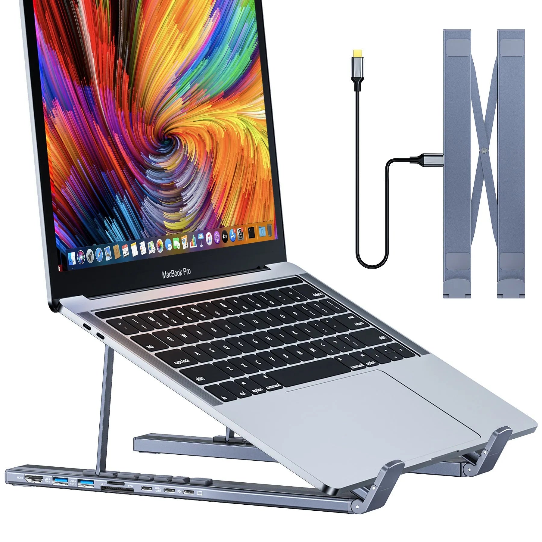 Aluminium foldable 8-in-1 docking station and laptop stand with multiple ports.